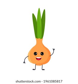 Cartoon onion with cute face. Illustration with funny and healthy food. Isolated on white background. Vegan concept