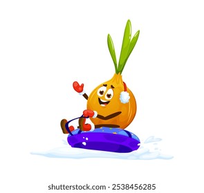 Cartoon onion on snow tube sled for Christmas holiday vegetable character, vector emoji. Funny onion riding snow tube or inflatable sledge with happy face for Merry Christmas and New Year greeting