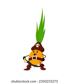 Cartoon onion pirate and corsair vegetable character with sword. Isolated vector mischievous veggies personage, ready for adventure on the high seas. Ripe garden plant captain wear tricorn rover hat