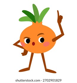 La cebolla de dibujos animados apunta hacia arriba y explica algo con confianza. Carácter plano del Vector aislado en el fondo blanco. Mascota kawaii para libros infantiles y materiales de clase.
