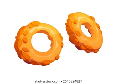 Anillos de cebolla de dibujos animados comida rápida. Par de Vectores aislados de círculos vegetales crujientes empanizados y fritos con recubrimiento de color marrón dorado. Snack de restaurante de comida rápida. Aperitivo sabroso cocido, aperitivo crujiente