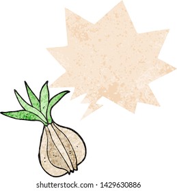 cartoon onion with speech bubble in grunge distressed retro textured style