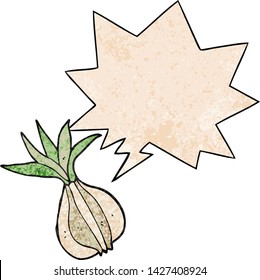 cebolla de dibujos animados con burbuja de habla en estilo de textura retro