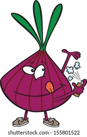 Cartoon onion spraying on deodorant