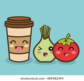 cartoon onion tomato and cup coffee design