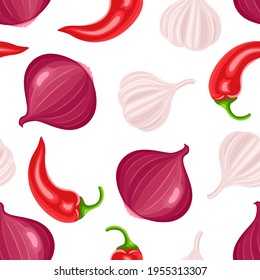 Cartoon onions, garlic, red chili peppers seamless pattern. Vector illustration of hot spices for sauce in flat style. Food background.