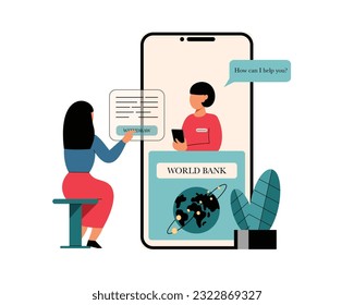 Cartoon Online Assistant hilft Kunden, Geld über das Internet zu transferieren. Zeichen, die eine mobile Banking-App verwenden. Sichere Smartphone-Zahlungstechnologie. Online-Geldtransaktionen. Vektorgrafik