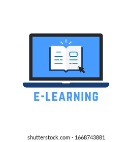 cartoon online learning icon with notebook. concept of elearning sign and magazine info. flat minimal trend modern simple e-book or college inform logotype graphic mobile app design isolated on white