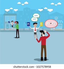Cartoon online marketing concept,compare between two products with mobile application - vector illustration