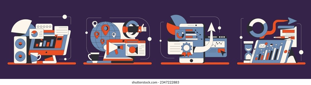 Cartoon online marketing, startup strategy online work concept. Laptop, online conference, charts. Vector retro illustration