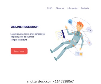 Cartoon online research and development concept with man researcher in uniform with media pictograms, icons flying around. Male character scientist working with market informaion. Vector
