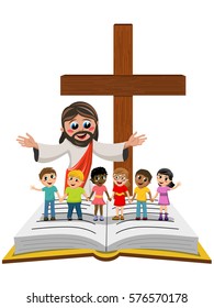 Cartoon open arms Jesus in front of kids or children hand in hand on open bible or gospel isolated