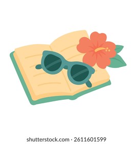 Cartoon open book with flower and sunglasses in warm soft flat vector style.