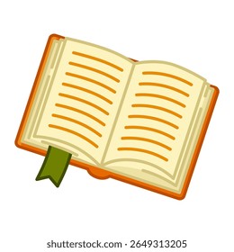 Cartoon Open Book Illustration. Cartoon open book with orange cover and green bookmark, isolated on white background. Flat style illustration.