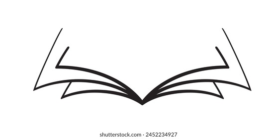 Cartoon open book and pages. Education concept. Line drawing. Opened books sign. Book store logo. Flying pages. Read, study or learn. World book day. Reading news paper magazine.