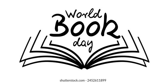 Cartoon open book and pages. Education concept. Line drawing. Opened books sign. Book store logo. Flying pages. World book day.