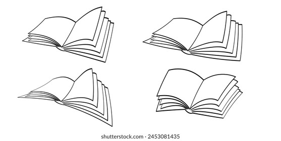 Cartoon open book and pages. Education concept. Line drawing. Opened books sign. Book store logo. Flying pages. World book day.