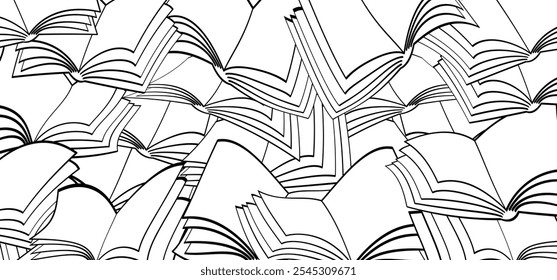 Cartoon open book and pages. Education concept. Line drawing. Opened books sign. Book store logo. Flying pages. Read, study or learn. World book day. Reading paper magazine.