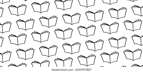 Cartoon open book and pages. Education concept. Line drawing. Opened books sign. Book store logo. Flying pages. Read, study or learn. World book day. Reading news paper magazine.