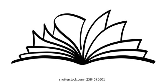 Cartoon open book and pages. Education concept. Line drawing. Opened books sign. Book store logo. Flying pages. library, bookshop, bookstore idea.