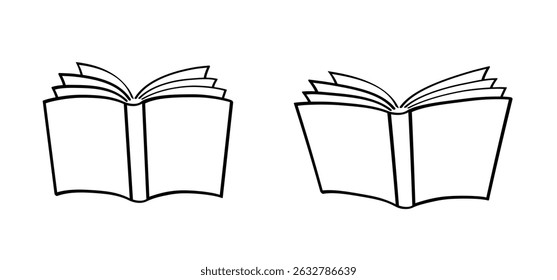 Cartoon open book and pages. Education concept. Line drawing. Opened books sign. Book store logo. Flying pages. library, bookshop, bookstore idea. World book day.