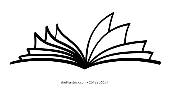 Cartoon open book and pages. Education concept. Line drawing. Opened books sign. Book store logo. Flying pages. library, bookshop, bookstore idea.