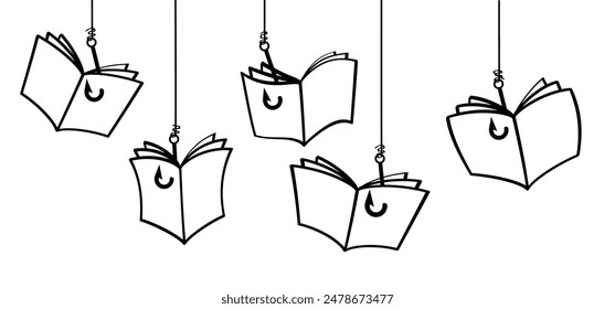 Cartoon open book pages and fishing hook. Education concept. Line drawing. Opened books sign. Book store logo. Flying pages. World book day.