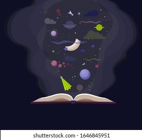 Cartoon open book with space background. Vector template about imagination. Creativity and education concept.