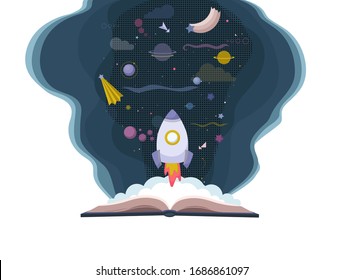 Cartoon open book with space background. Vector template about imagination. Creativity and education concept.