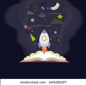 Libro abierto de caricaturas con fondo espacial. Plantilla vectorial sobre la imaginación. Concepto de creatividad y educación.