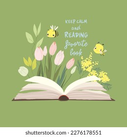 Cartoon Open Book with Spring Flowers and Bee