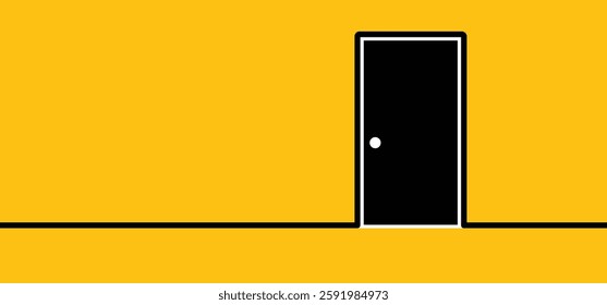 Cartoon open or close doors. Opened and closed wooden doors icon. Home or house entrance. Open door to room. Exit label concept. Push and Pull to open door. Doorknob with keyhole.