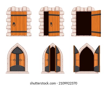 Cartoon open and closed medieval castle door and dungeon gate. Ancient arched wooden, iron and stone gates. Old fortress entrance vector set. Historic architecture heavy door for game