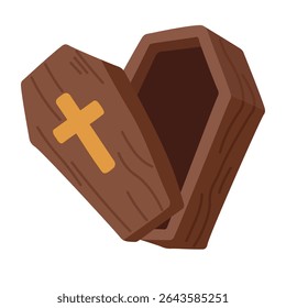 Cartoon open coffin with cross in flat spooky style. Halloween vector illustration on white background.