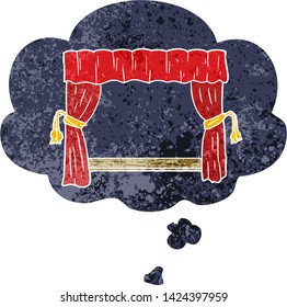 caricatura de cortinas abiertas con burbuja de pensamiento en un estilo retro angustiado de textura grunge