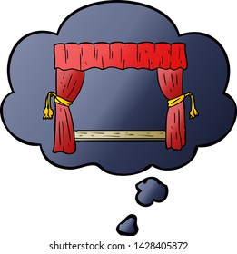 cortinas abiertas de dibujos animados con burbuja de pensamiento en un estilo de gradiente suave
