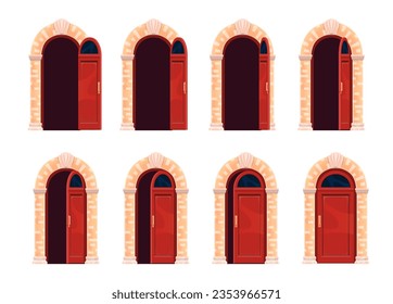 Cartoon Open Door Bewegung, Animation Sprite. Vektor Luxus Haus Türöffnungs-Sequenzrahmen. Nahe, leicht ajar und offene Etappen von hölzernen, gewölbten Türen mit Dunkelheit im Inneren. Eingang zur Innenfassade