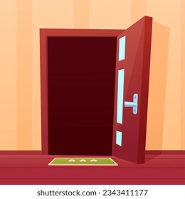 Cartoon open door template. House or room opened doors, entrance in new world metaphor. Opportunity, welcome home nowaday vector concept