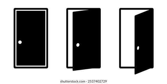 Cartoon open doors. Opened and closed wooden doors icon. Home or house entrance. Open door to room. Exit label concept. Push and Pull to open door. Escape route or exit door.