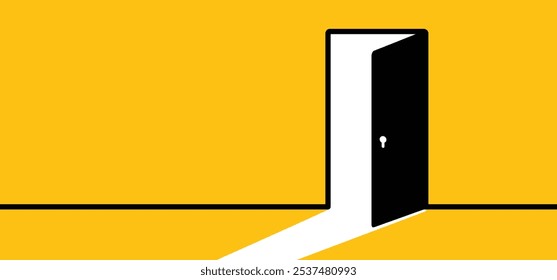 Cartoon open doors. Opened and closed wooden doors icon. Home or house entrance. Open door to room. Exit label concept. Push and Pull to open door. Doorknob with keyhole.