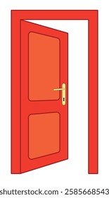 Cartoon open doors. Opened wooden doors icon. Home or house entrance. Open door to room. Exit label concept. An open, white door leading to nowhere. Vector illustration