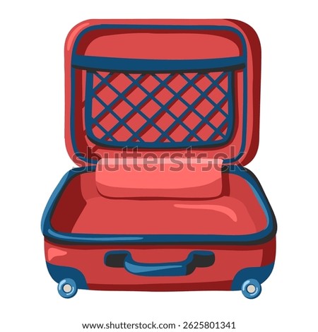 Cartoon open empty travel suitcase with mesh pocket. Vector isolated illustration on white background.
