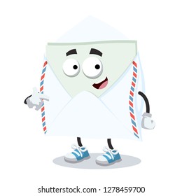 cartoon open envelope with a message inside mascot showing himself on a white background