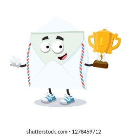 cartoon open envelope with a message inside mascot holds the number one cup on white background