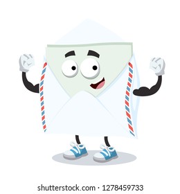 cartoon open envelope with a message inside mascot shows its strength on a white background