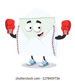 cartoon open envelope with a message inside mascot in red boxing gloves on white background