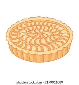 Cartoon open face apple pie drawing. Simple hand drawn sweet tart with pie slices arranged on top. Isolated vector clip art illustration.