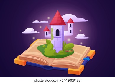 Cartoon open fairytale book. Magic notebook with medieval castle. Stories and ancient legends, dreaming concept, fantasy nowaday vector background