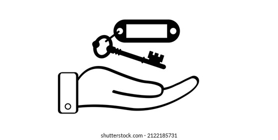 Cartoon open hand giving keys. Open hand palm icon or logo. Supporting. Outline valet key plastic keyring and label. Empty label for hotel, work, home or house bunch key. Door key sign. Door keys.
