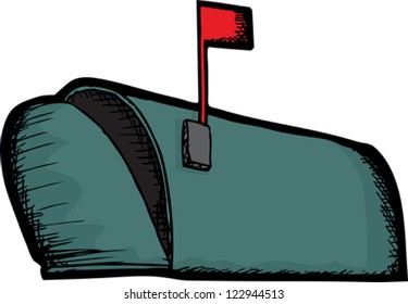 Cartoon of open mailbox with red flag up